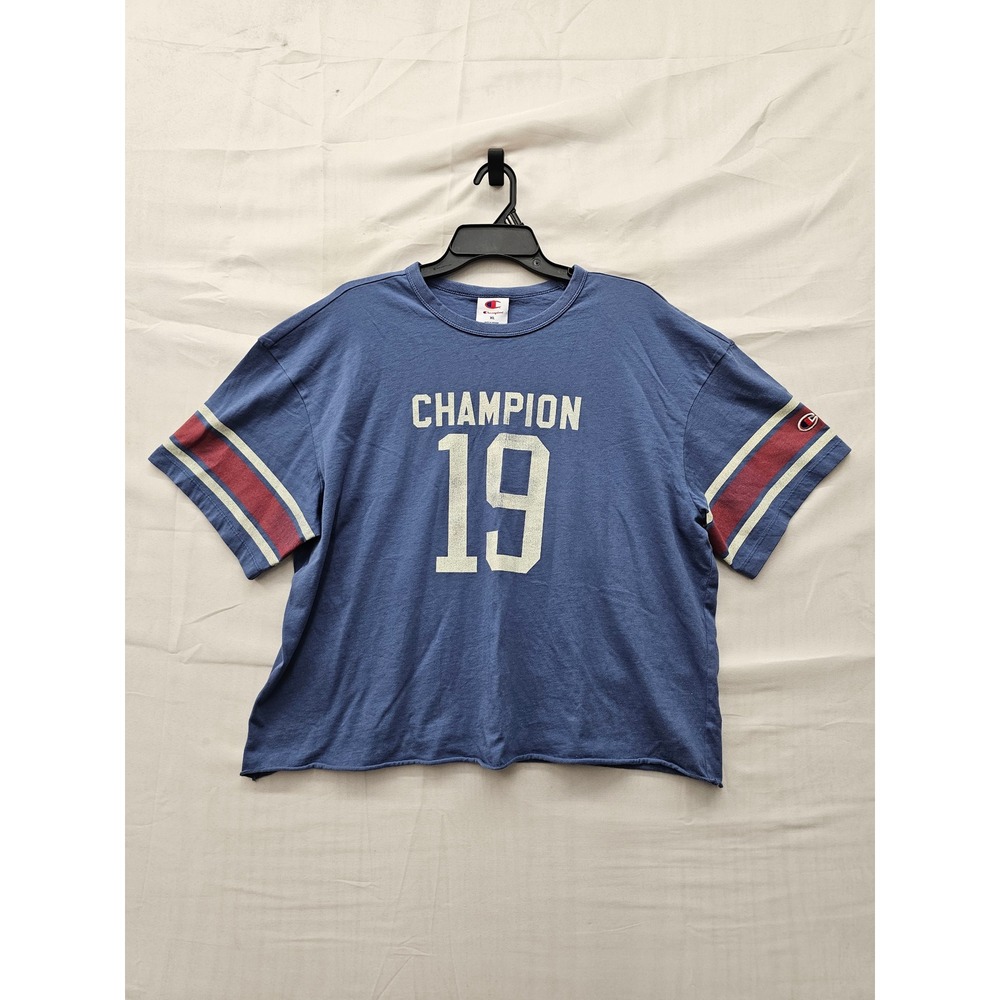 Champion Womens Distressed Cropped Graphic T-Shirt Blue Cotton Casual Size XL